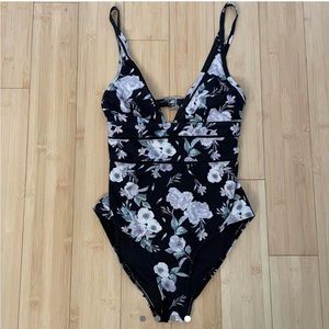 Vintage black floral one piece swimsuit (size XS)